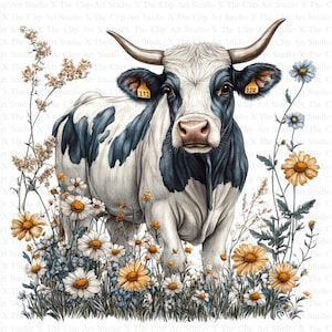 Cow & Flowers Clipart | 10 High Quality JPGs | Instant Digital Download | Nursery Art | Card Making | Clipart, Cute Cow, Digital Paper Craft