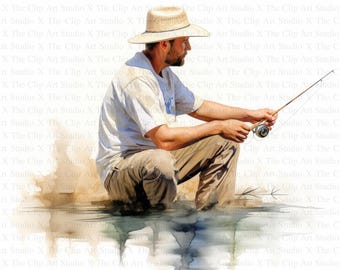 Watercolor Man Fishing Clipart | 10 High Quality JPGs | Digital download | Scrapbooking | Clip Art | Digital Paper Craft | Junk Journal