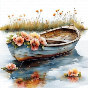 Floral Boat Clipart | 10 High Quality JPG | Digital Download | Wooden Boat Clipart | Watercolor Clipart | Digital Paper Craft | Junk Journal