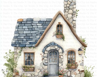 Stone Cottage Clipart | 10 High Quality JPGs | Digital Download | Card Making | Mixed Media | Digital Paper Craft | Clipart | Watercolor Art