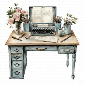 Writer&#39;s Desk Table Clipart | 10 High Quality JPGs | Digital Download | Paper Craft | Junk Journal | Writer Clipart | Watercolor Clipart