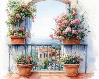 Floral Balcony Clipart | 10 High Quality JPG | Digital Download | Vintage Balcony | Watercolor Clipart | Digital Paper Craft | Junk Journals