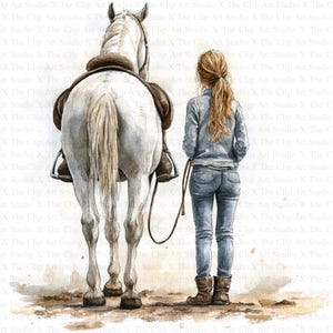 Clipart aquarel meisje en paard | 10 JPG's van hoge kwaliteit | Digitale download | Kaarten maken | Schattige dieren clipart | Digitaal papier | Scrapbooken