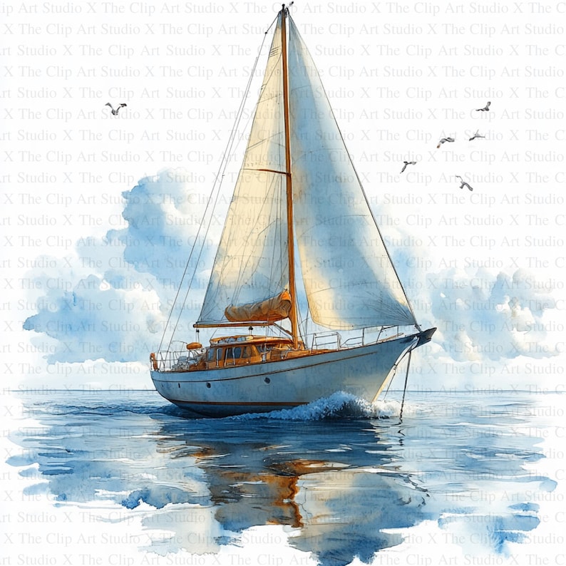 May include: A watercolor painting of a sailboat sailing on a blue ocean with white clouds in the sky. The sailboat has white sails and a brown hull.