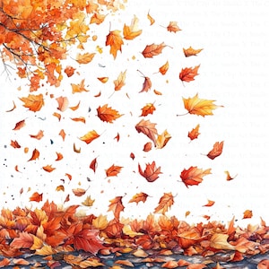 May include: A watercolor painting of autumn leaves falling from a tree branch. The leaves are various shades of orange, red, and yellow. Some leaves are on the ground, while others are still in the air.