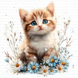 Kotek z kwiatami Clipart | 10 wysokiej jakości JPG | Natychmiastowe pobieranie cyfrowe | Rękodzieło papierowe | Dzienniki śmieci | Clipart kota, Clipart do wydrukowania