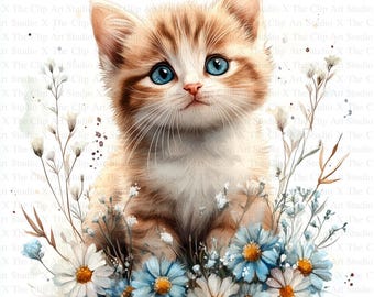 Kitten With Flowers Clipart | 10 High Quality JPGs | Instant Digital Download | Paper Craft | Junk Journals | Cat Clipart, Printable Clipart
