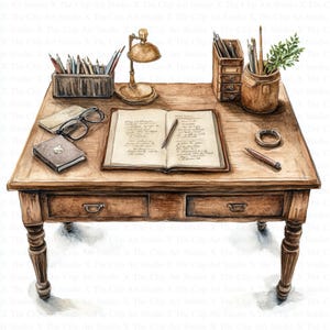 Clipart bureautafel | 10 JPG's van hoge kwaliteit | Digitale download | Schrijver-clipart | Aquarel clipart | Papiermodellen | Junkjournaal