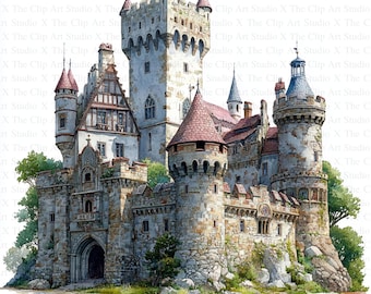 May include: A stone castle with multiple towers, a large central tower, and a pointed roof. The castle is surrounded by green trees and bushes. The castle is built on a rocky hill.