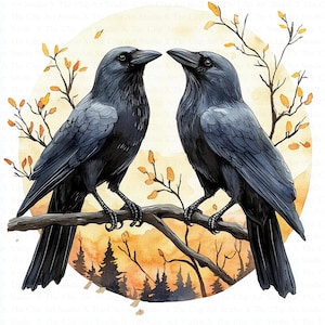Two Crows Clipart | 10 High Quality JPGs | Digital Download | Watercolor Clipart | Paper Craft | Junk Journal | Crow Logo Clipart | Raven