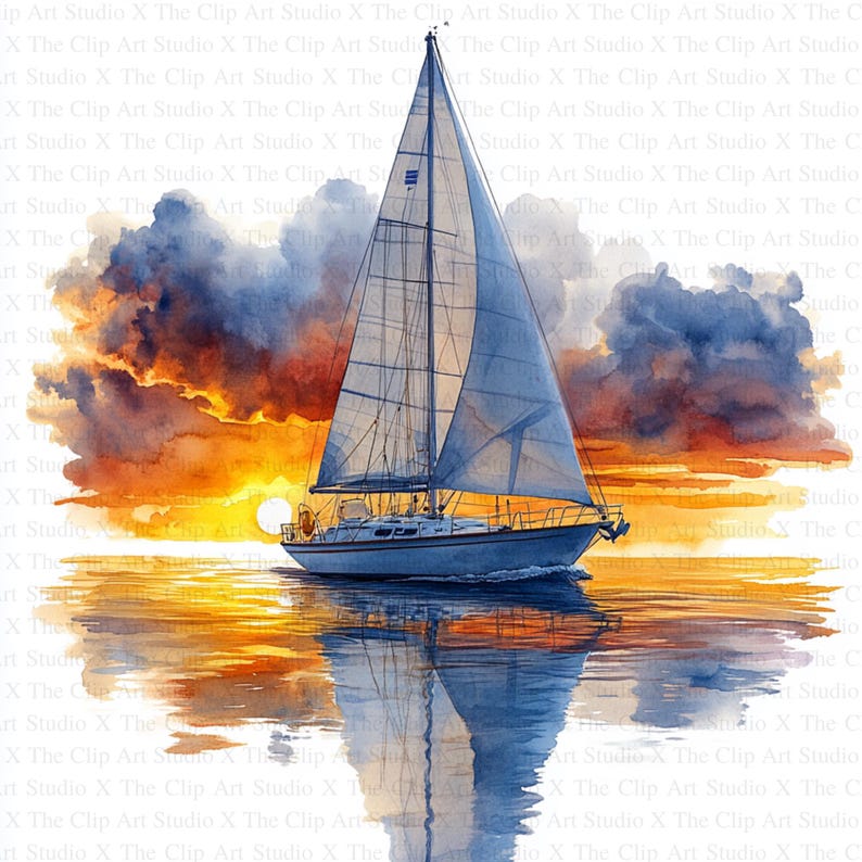 May include: A sailboat with white sails is sailing on the water at sunset. The sky is a mix of orange, yellow, and blue with dark clouds. The water is reflecting the colors of the sky.