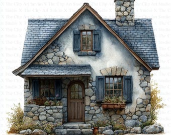 Stone Cottage Clipart | 10 High Quality JPGs | Digital Download | Watercolor Art | Card Making | Mixed Media | Digital Paper Craft | Clipart