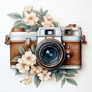 Vintage Floral Camera Clipart | 10 High Quality JPGs | Digital Download | Paper Craft | Junk Journals | Photo Camera | Watercolor Clipart