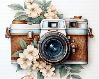 May include: A vintage camera with a brown leather body and a blue and white trim. The camera lens is surrounded by a silver ring with the words "Canon" and "Made in Japan" inscribed on it. The camera is surrounded by white flowers with green leaves.