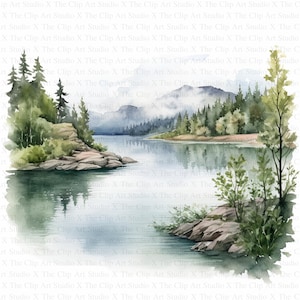 Lake Landscape Clipart | 10 High Quality JPGs | Digital Download | Digital Paper Craft | Lake Sunrise | Watercolor Clipart | Scrapbooking