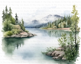 Imágenes prediseñadas de paisaje de lago / 10 archivos JPG de alta calidad / Descarga digital / Manualidades de papel digitales / Amanecer en el lago / Imágenes prediseñadas de acuarela / Scrapbooking