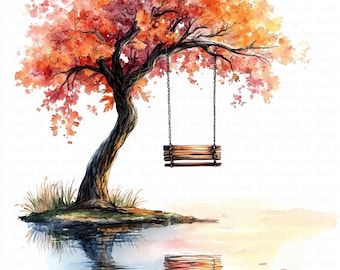 Swing in Tree Clipart | 10 High Quality JPGs | Digital Download | Digital Paper Craft | Scrapbooking | Floral Swing | Watercolor Clipart