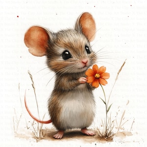Muis met bloem-clipart | 10 JPG's van hoge kwaliteit | Digitale download | Digitaal papiermodel | Junkjournaal | Afdrukbare aquarel clipart