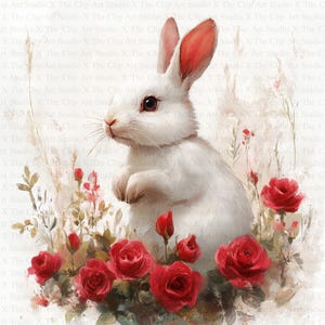 Fluffy Bunny in Roses Clipart | 10 High Quality JPGs | Digital Download | Scrapbooking | Clipart | Paper Craft | Junk Journal | Floral Bunny