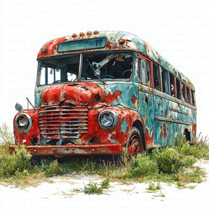 Clipart de autobús abandonado / 10 archivos JPG de alta calidad / Descarga digital / Clipart de acuarela / Manualidades de papel digitales / Diarios basura / Scrapbooking