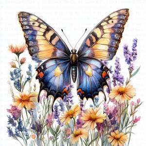 Butterfly in Flowers Clipart | 10 High Quality JPGs | Digital Download | Paper Craft | Junk Journal | Art | Wildflowers | Watercolor Clipart