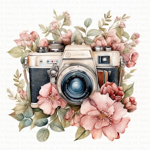 Vintage Floral Camera Clipart | 10 High Quality JPGs | Digital Download | Photo Camera | Watercolor Clipart | Paper Craft | Junk Journals
