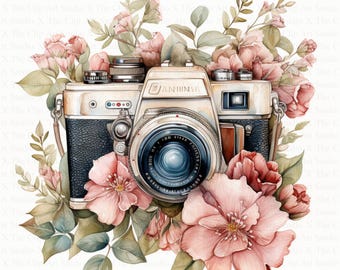 Vintage Floral Camera Clipart | 10 High Quality JPGs | Digital Download | Photo Camera | Watercolor Clipart | Paper Craft | Junk Journals