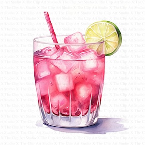 Clipart di cocktail rosa / 10 JPG di alta qualità / Download digitale / Carta artigianale / Diario spazzatura / Cocktail adorabili / Clipart acquerello