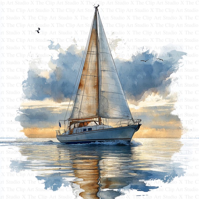 May include: A watercolor painting of a sailboat sailing on a calm ocean with a cloudy sky in the background. The sailboat is white with a brown sail and is moving towards the right side of the image. The sky is a mix of blue, gray, and orange.