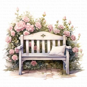 Vintage Floral Bench Clipart | 10 High Quality JPGs | Digital Download | Paper Craft | Junk Journals | Garden Bench | Watercolor Clipart
