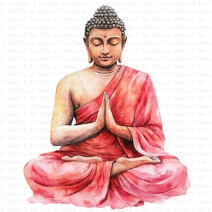 以下が含まれることがあります： 赤いローブを着て瞑想している仏陀の水彩画。両手は祈りのポーズをとっている。