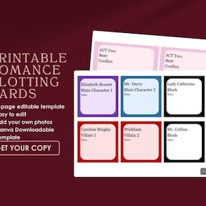May include: Printable romance plotting cards with a burgundy background. The cards feature editable templates for character notes and plot points. The text includes "Elizabeth Bennet", "Mr. Darcy", and "Get Your Copy".