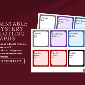 May include: Printable mystery plotting cards with character role, sleuth, and victim cards. The cards are in various colors, including purple, red, and blue. The text "GET YOUR COPY" is at the bottom.