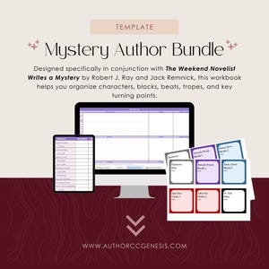 May include: A digital template titled "Mystery Author Bundle" with a computer, tablet, and character cards. The template helps organize characters, blocks, beats, and turning points. The website address is visible at the bottom.