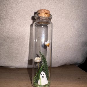 Puede incluir: Una botella de vidrio transparente con tapón de corcho, que contiene una pequeña figura de fantasma blanco, flores secas y vegetación. La botella se exhibe sobre una superficie de madera, creando un artículo decorativo caprichoso.