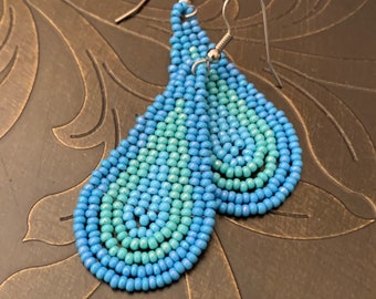 Blue Tear Drop Seed Bead Earrings