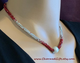 Red and Silver Beaded Rope Necklace with Silver Focal Bead