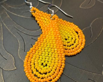 Orange and Yellow Tear Drop Seed Bead Earrings