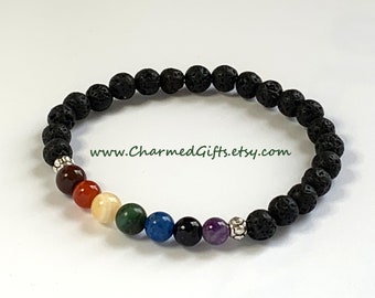 Chakra Bracelet - Lava Rock and Semi Precious Stones - 6mm Beads