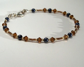 Swarovski Crystal and Pearl Bracelet - Navy and Brown