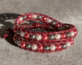 Wrap Bracelet - Pink and Silver Glass Pearl