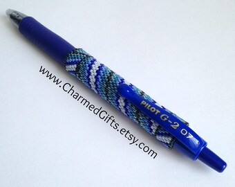 Pen with Beaded Sleeve Cover - Reusable - Blue Diagonal Stripes