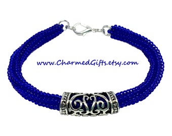 Blue Beaded Bracelet with Silver Tube Charm