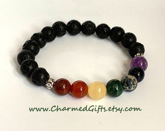 Chakra Bracelet - Lava Rock and Semi Precious Stones - 8mm Beads