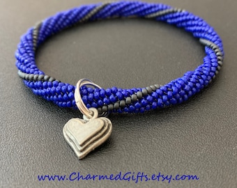 Slip On Bracelet - Blue with Grey Spiral and Heart Charm