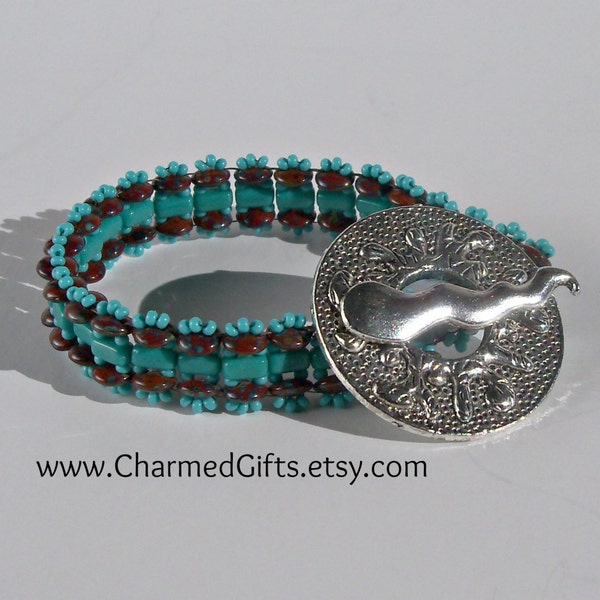 Turquoise and Rust Bracelet with Large Silver Toggle Clasp