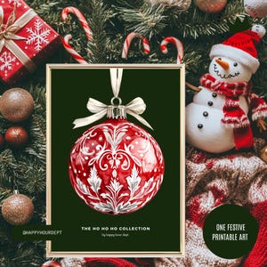 Festliches Rotes Ornament auf Grünem Hintergrund | Weihnachten druckbare Kunst | Sofortiger Urlaub Dekor | Nachhaltiges Zero-Waste Geschenk