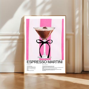Popularne teraz | Plakat Espresso Martini - Bowtie Pink | Sztuka ścienna Retro Bar Cart | Zabawna, drukowana dekoracja koktajlowa do kuchni i domowego baru