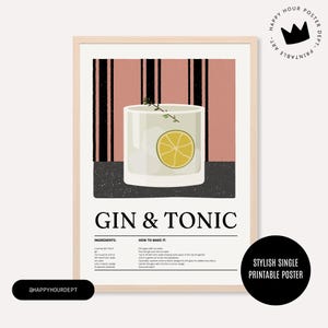 Koktajl Gin & Tonic | Modna minimalistyczna sztuka kuchenna | Przystępna cenowo dekoracja domu | Oryginalna sztuka ścienna | Pobieranie cyfrowe | Dekoracja Zero Waste