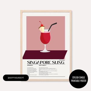 Póster de cóctel Neon Singapore Sling / Arte retro imprimible para carrito de bar / Decoración de pared de bebidas clásicas / Regalo sin desperdicios / Descarga digital instantánea